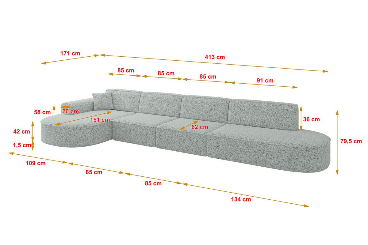 ECKSOFA Ottomane Links MARI-L3 - 413x171x79 cm Grün Tissu - Wildeiche/Schwarz, Holzwerkstoff/Kunststoff (413/171cm) - ALTDECOR