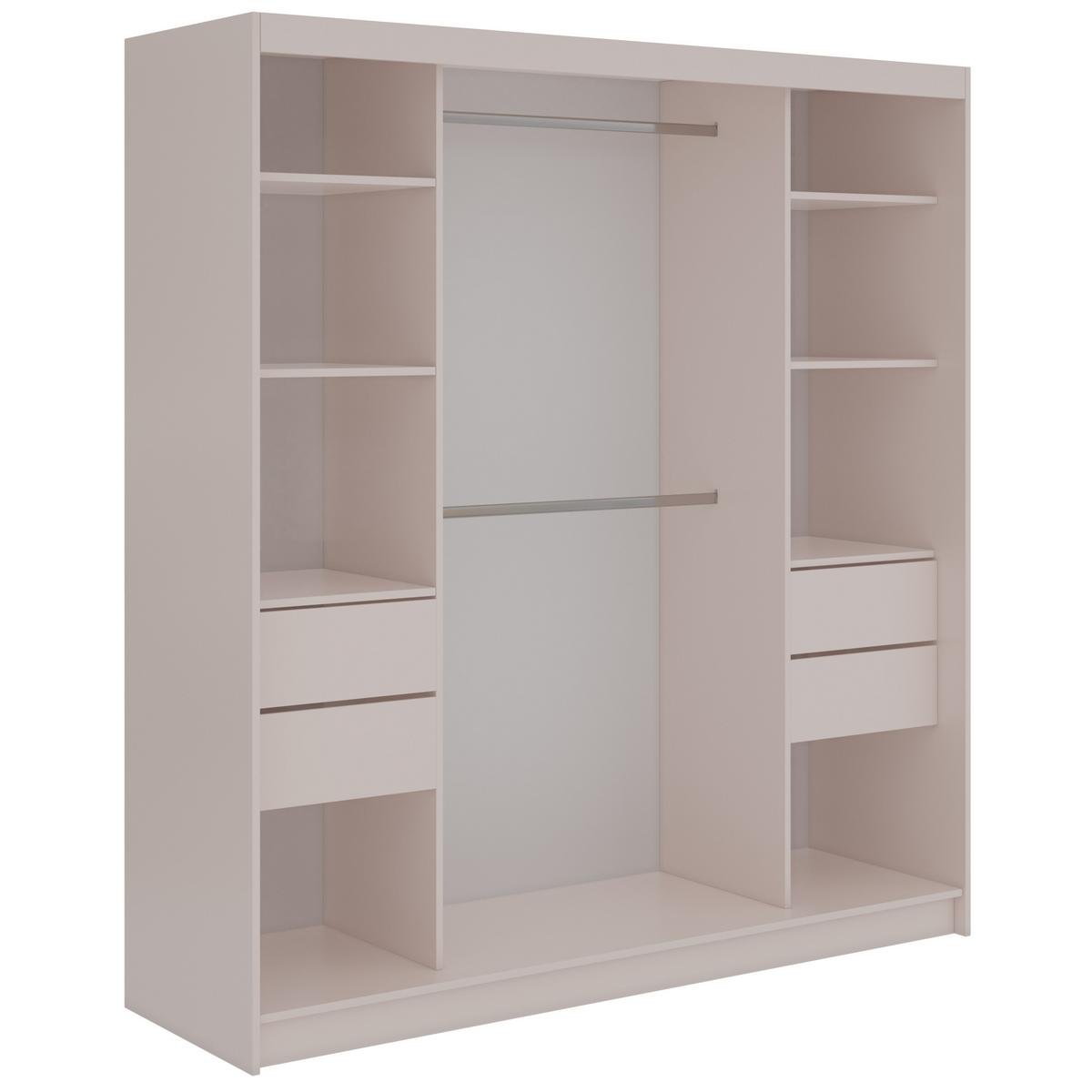 SCHWEBETÜRENSCHRANK mit Spiegel und Schubladen - WALENCJA - 200 - Kaschmir-Grau lacobel - Kaschmir/Alufarben, Holzwerkstoff/Metall (200/216/61cm) - MKS