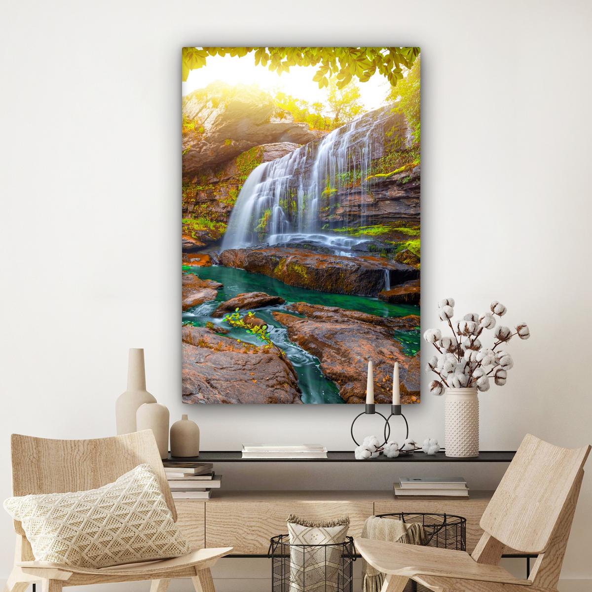 LEINWANDBILD Natur - Wasserfall - Pflanzen - Bäume - Sonne Deko XXL 80x120 cm - Olivgrün, Textil (80/120cm) - MuchoWow