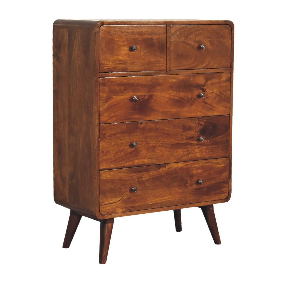 KOMMODE Stella, 2 über 3 Schubladen, Nordische Beine, Braun - Messingfarben/Braun, Holz/Metall (70/98/35cm) - Artisan Furniture