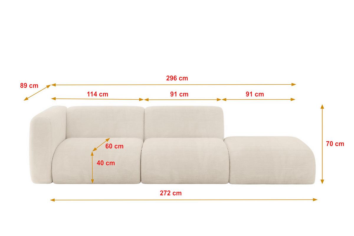 SOFA Ottomane Links MIRA-S3 296x89x70 Beige Cord - Sandfarben/Beige, Holzwerkstoff/Kunststoff (296/70/89cm) - ALTDECOR