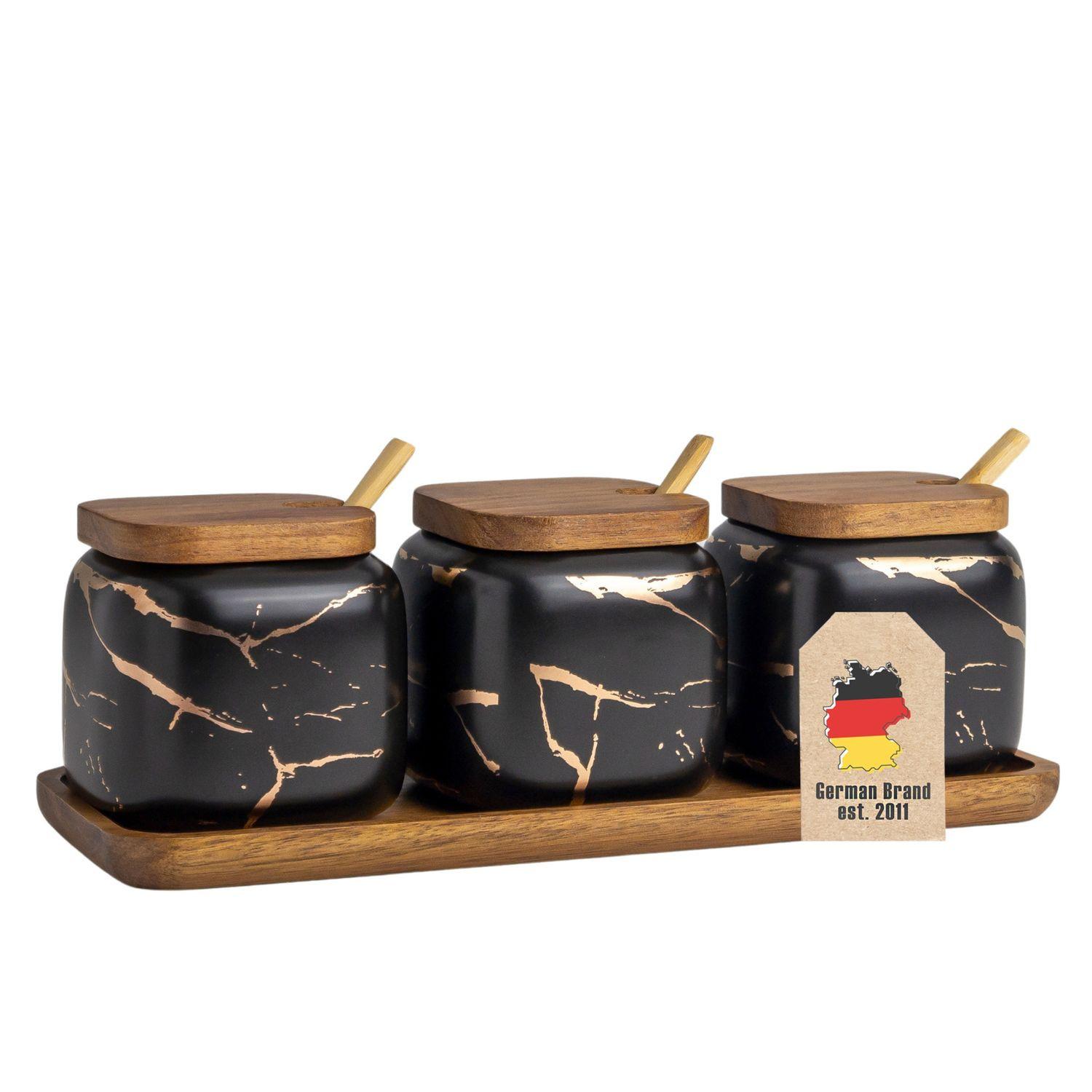 ZUCKERDOSE Vorratsdose mit Deckel Löffel Holztablett (3er-Set) - Schwarz, Keramik (8.5/11.5cm) - Intirilife