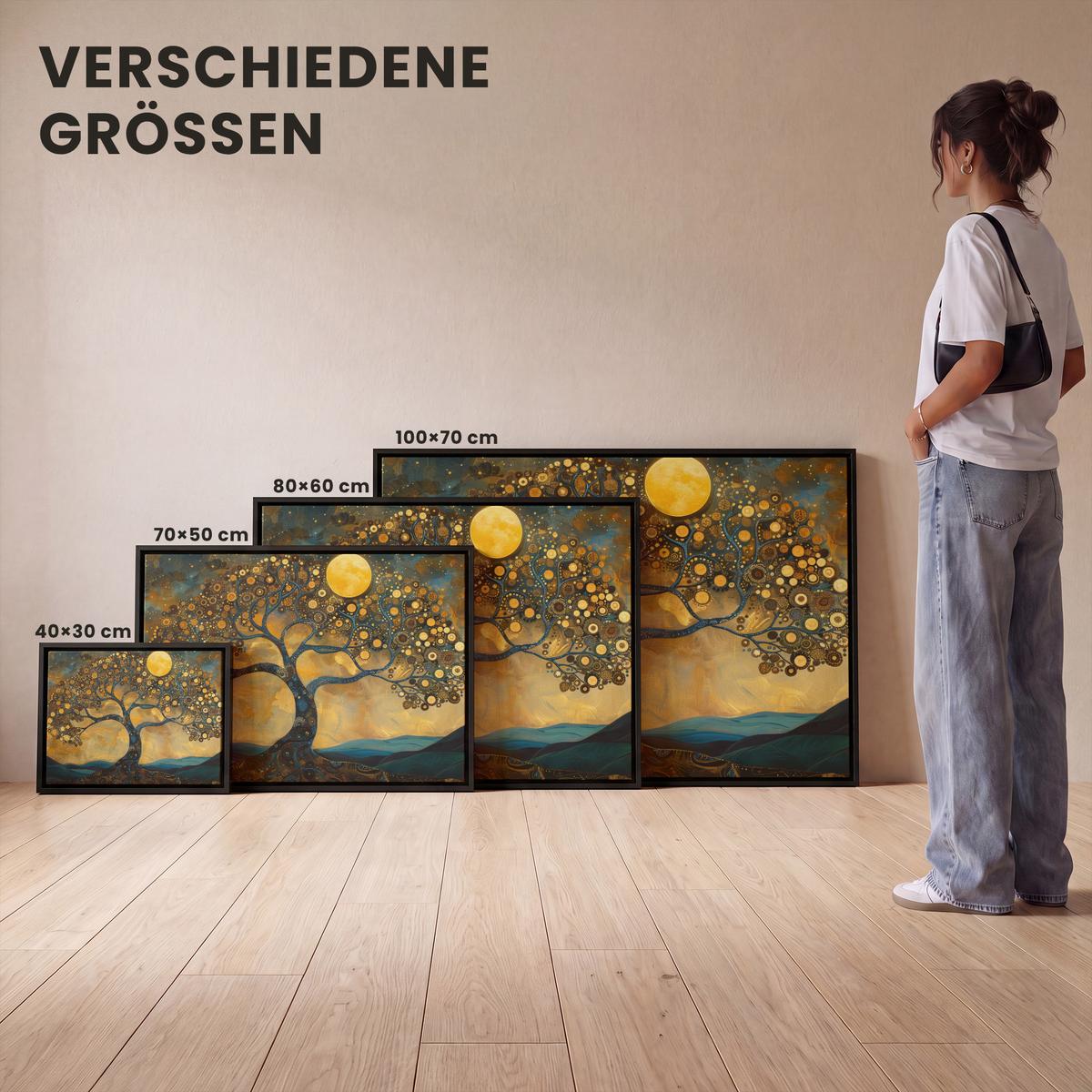 LEINWAND Bilder mit Rahmen - Baum - Mond - Blumen - Gold - Kunst - 80x60 - Orange, Textil (80/60cm) - MuchoWow