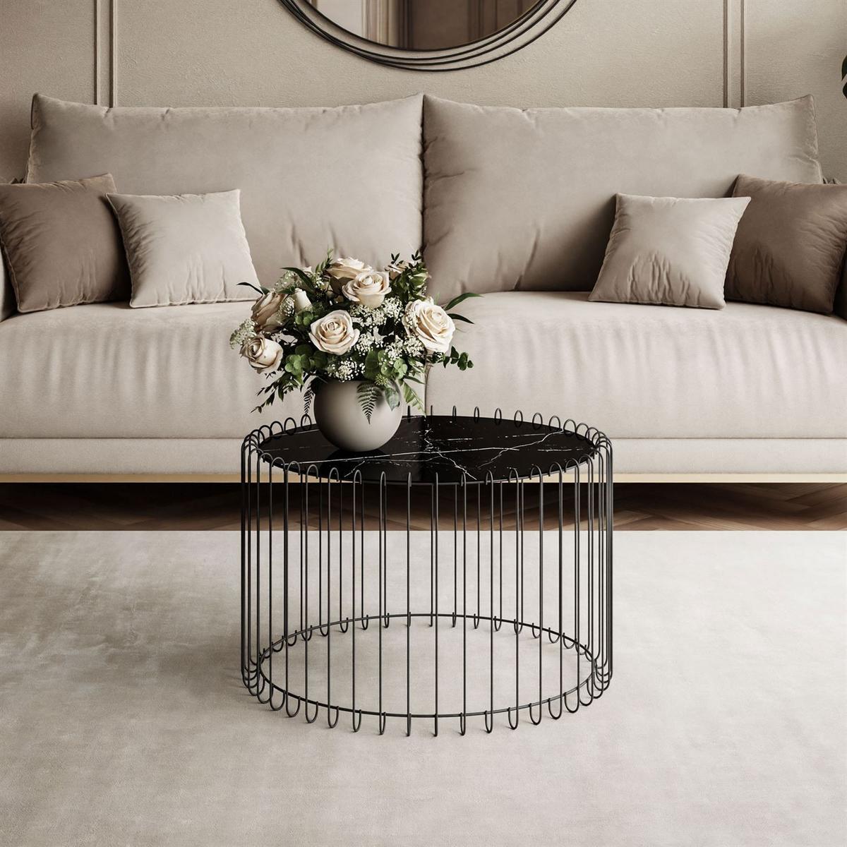 COUCHTISCH MARBELLE mit Marmorplatte, schwarzer Marmor/Schwarz - Schwarz, Metall (60/60/39cm) - Lookway