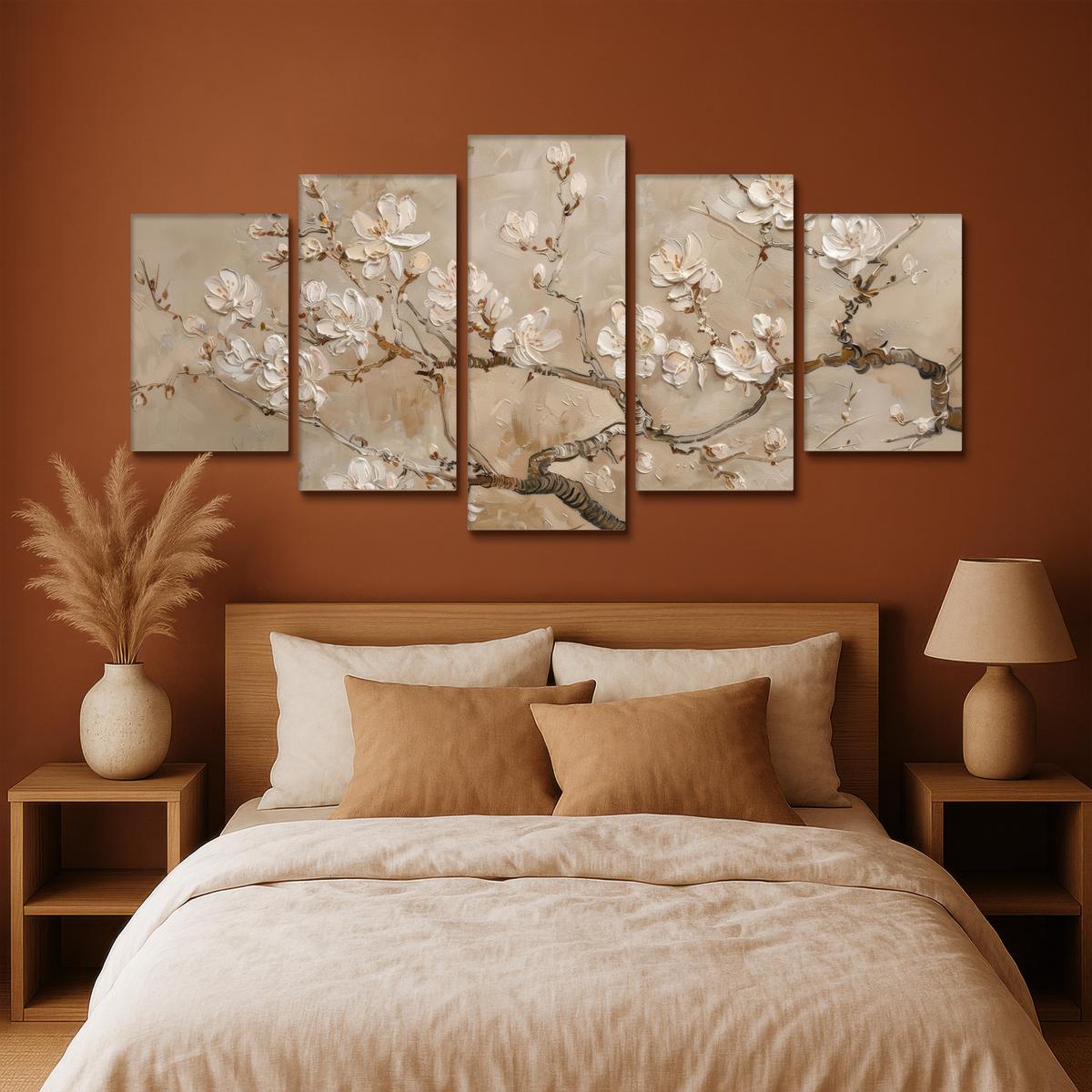 LEINWANDBILD 5er Set Beige - Blüte - Modern 200x100 cm - Beige, Textil (200/100cm) - MuchoWow