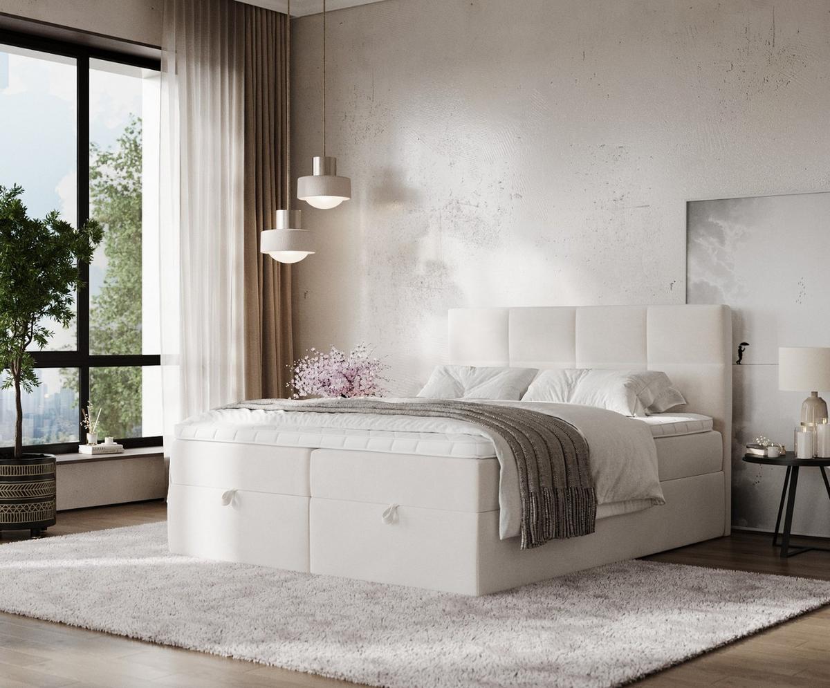 BOXBETT Velto 140/200 cm Creme im Paros Stoff - Creme/Schwarz, Holz/Holzwerkstoff (140/200cm) - AltaBeds