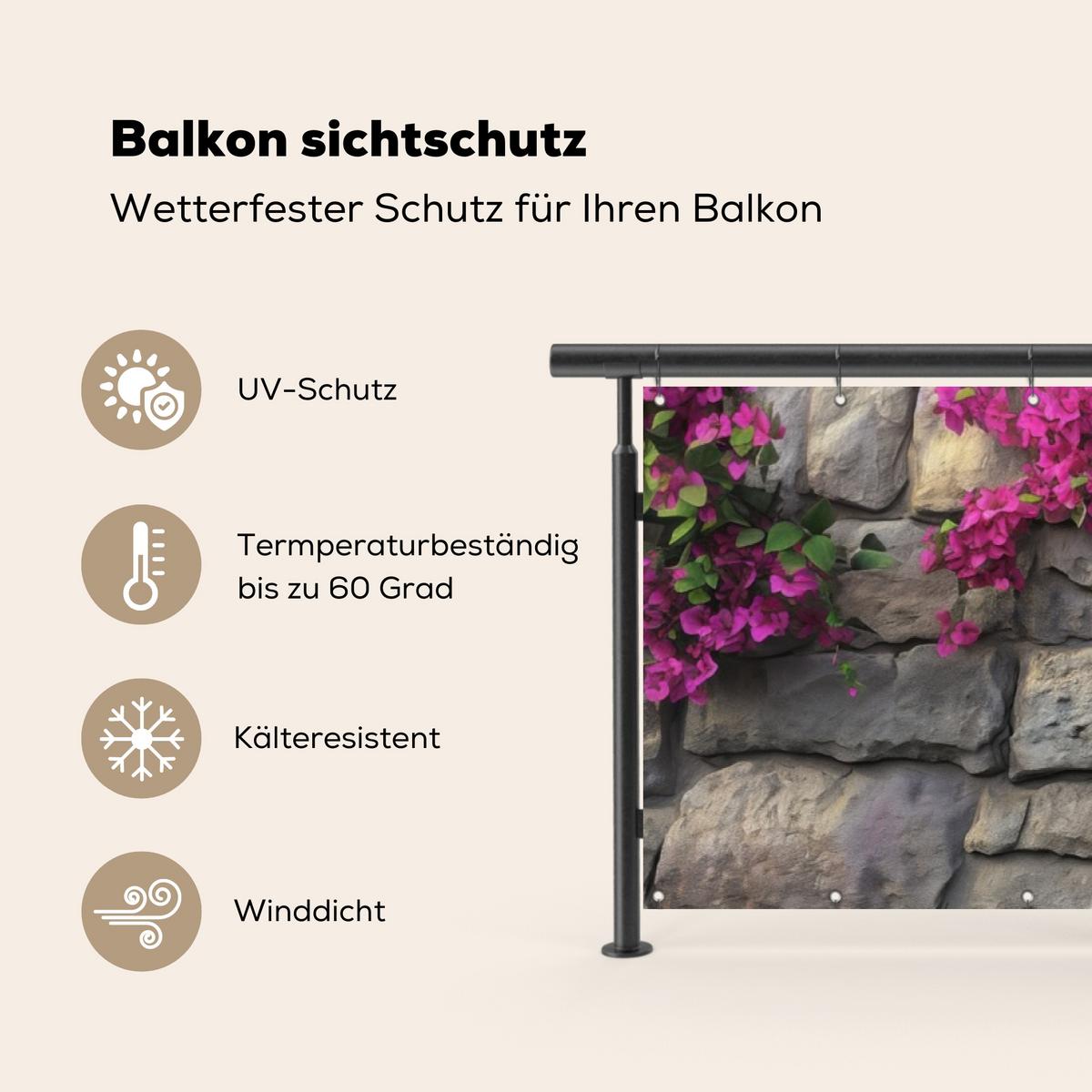 BALKON-SICHTSCHUTZ Bougainvillea - Steinmauer - Rosa Witterungsbeständig 300x80 cm - Magenta, Kunststoff (300/80cm) - MuchoWow
