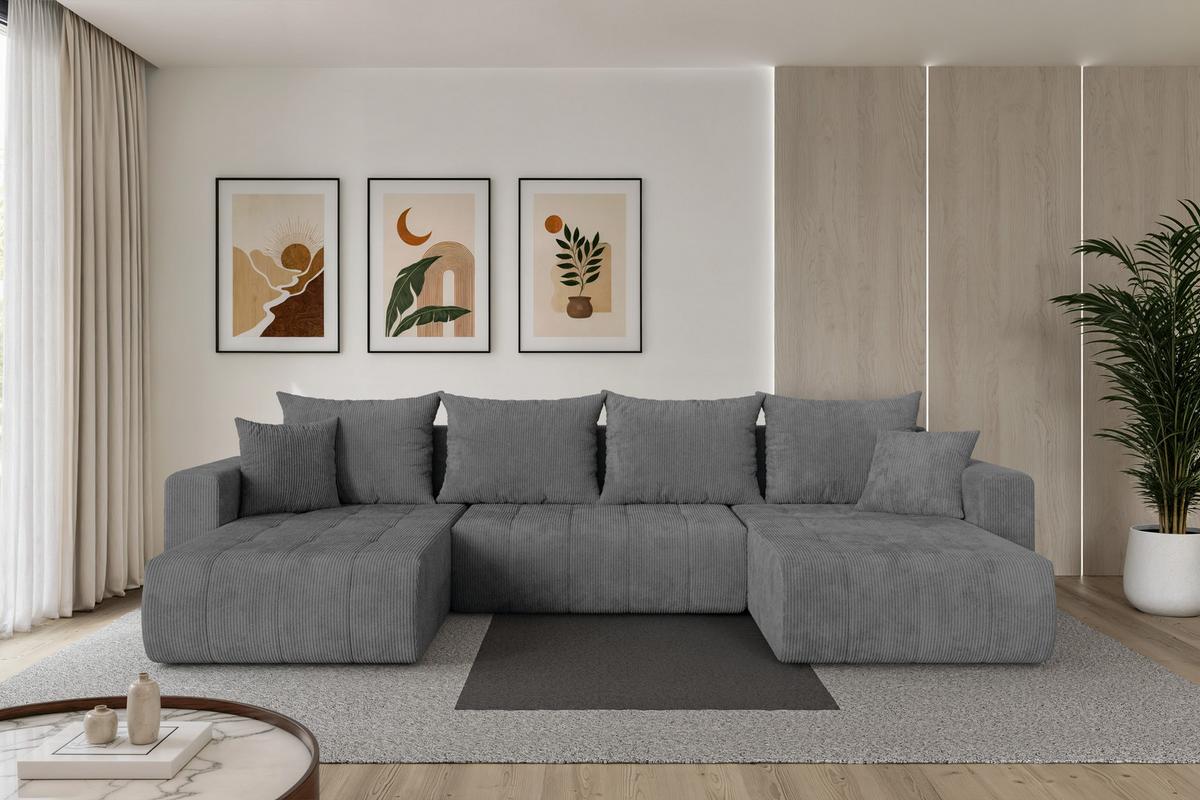 WOHNLANDSCHAFT mit Schlaffunktion und Bettkasten MILA-U 378x194x86 Dunkelgrau Cord - Dunkelgrau/Schwarz, Holzwerkstoff/Kunststoff (378/86/194cm) - ALTDECOR