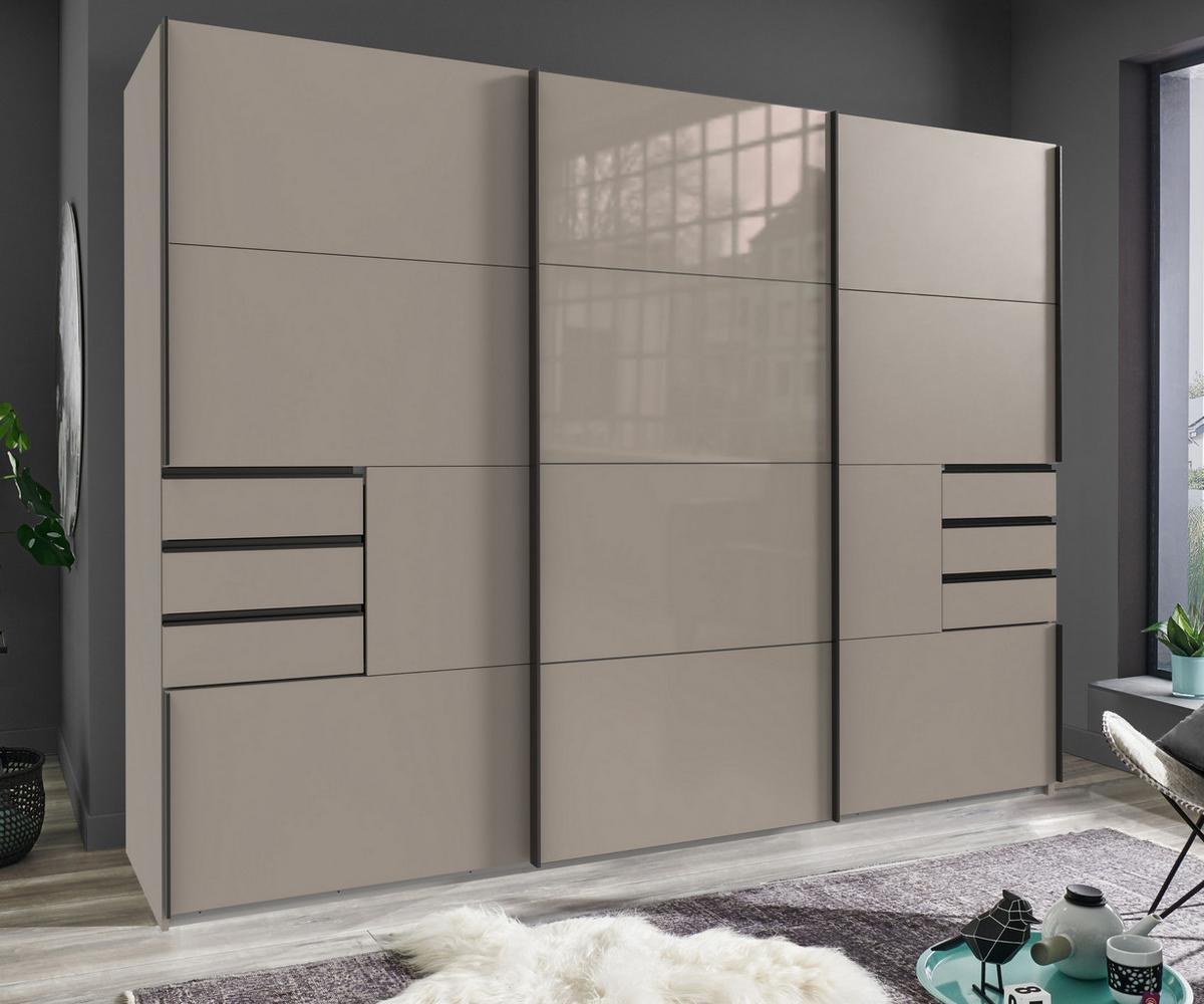 SCHWEBETÜRENSCHRANK 3-türig B270/H208/64 cm, Sandgrau, Mitteltür Glas, Kleiderschrank mit Schubladen & Vollausstattung, / 22614 - Sandfarben/Schwarz, Holzwerkstoff/Metall (270/208/64cm) - luma-home