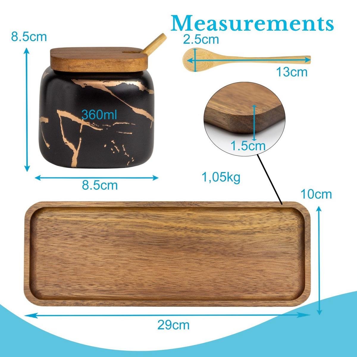 ZUCKERDOSE Vorratsdose mit Deckel Löffel Holztablett (3er-Set) - Schwarz, Keramik (8.5/11.5cm) - Intirilife