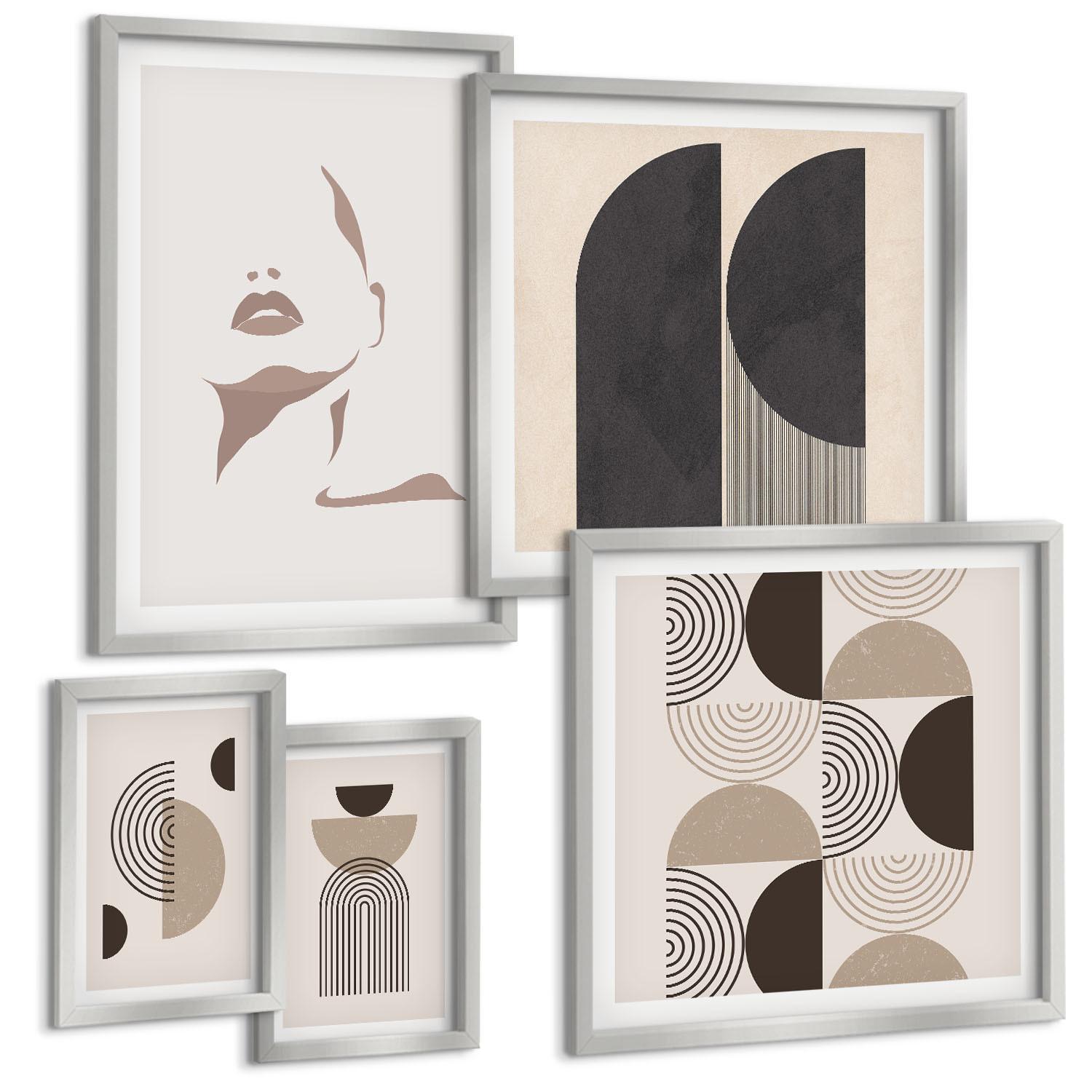 BILDER SET 5er Set - 50x50 cm & 20x30 cm & 40x60 cm Silberner Rahmen - Abstrakte Gesichtsformen - Silberfarben, Kunststoff (40/60cm) - TULUP