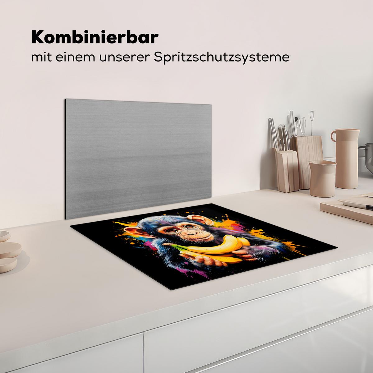 HERDABDECKPLATTE Affe - Graffiti - Farbenfroh - Bananen - Modern Ceranfeldabdeckung 59x52 cm - Gelb, Kunststoff (59/52/0.2cm) - MuchoWow