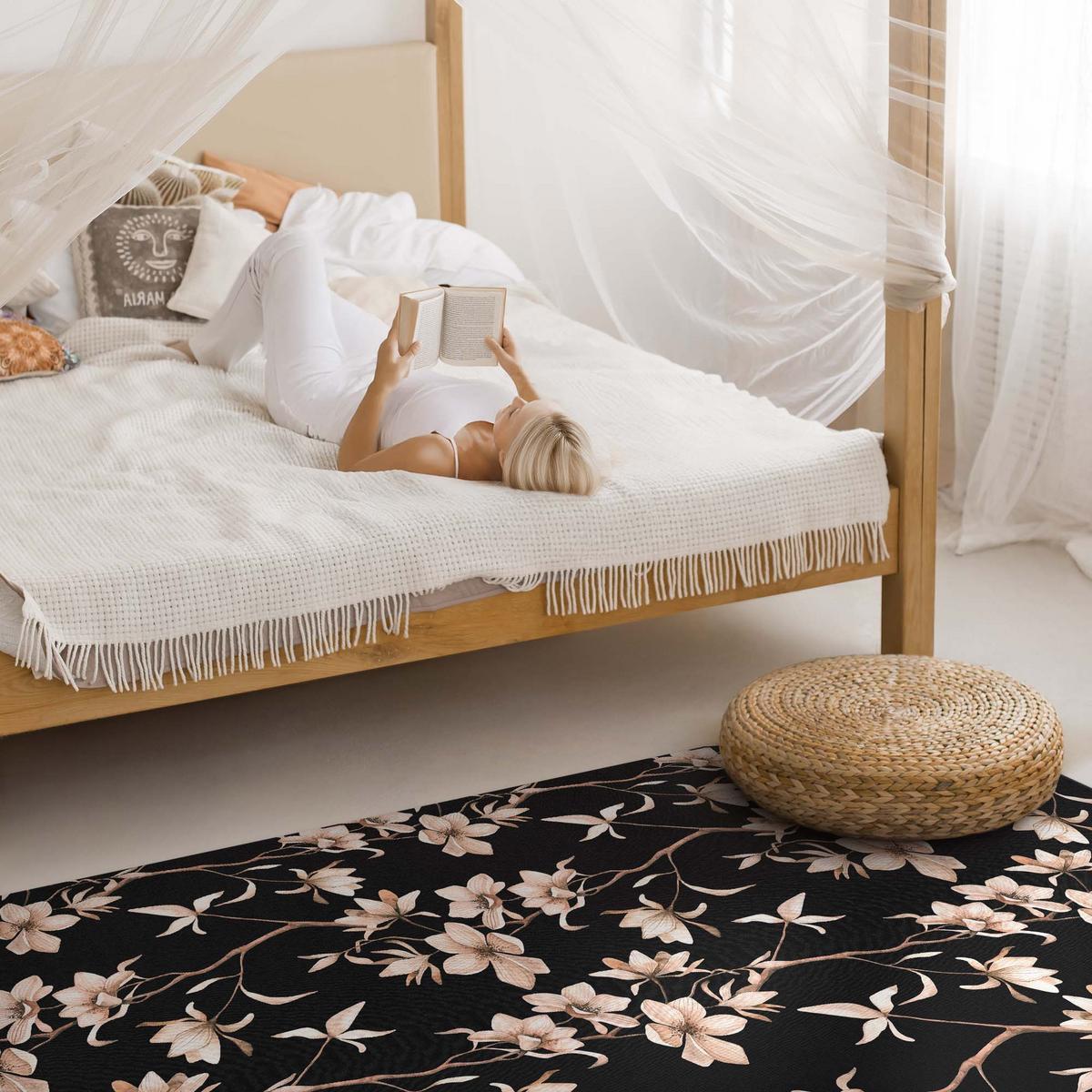 TEPPICH 100x150 cm Helle Blumen auf Zweigen Vintage Muster - Schwarz, Kunststoff (100/150cm) - Wallfluent