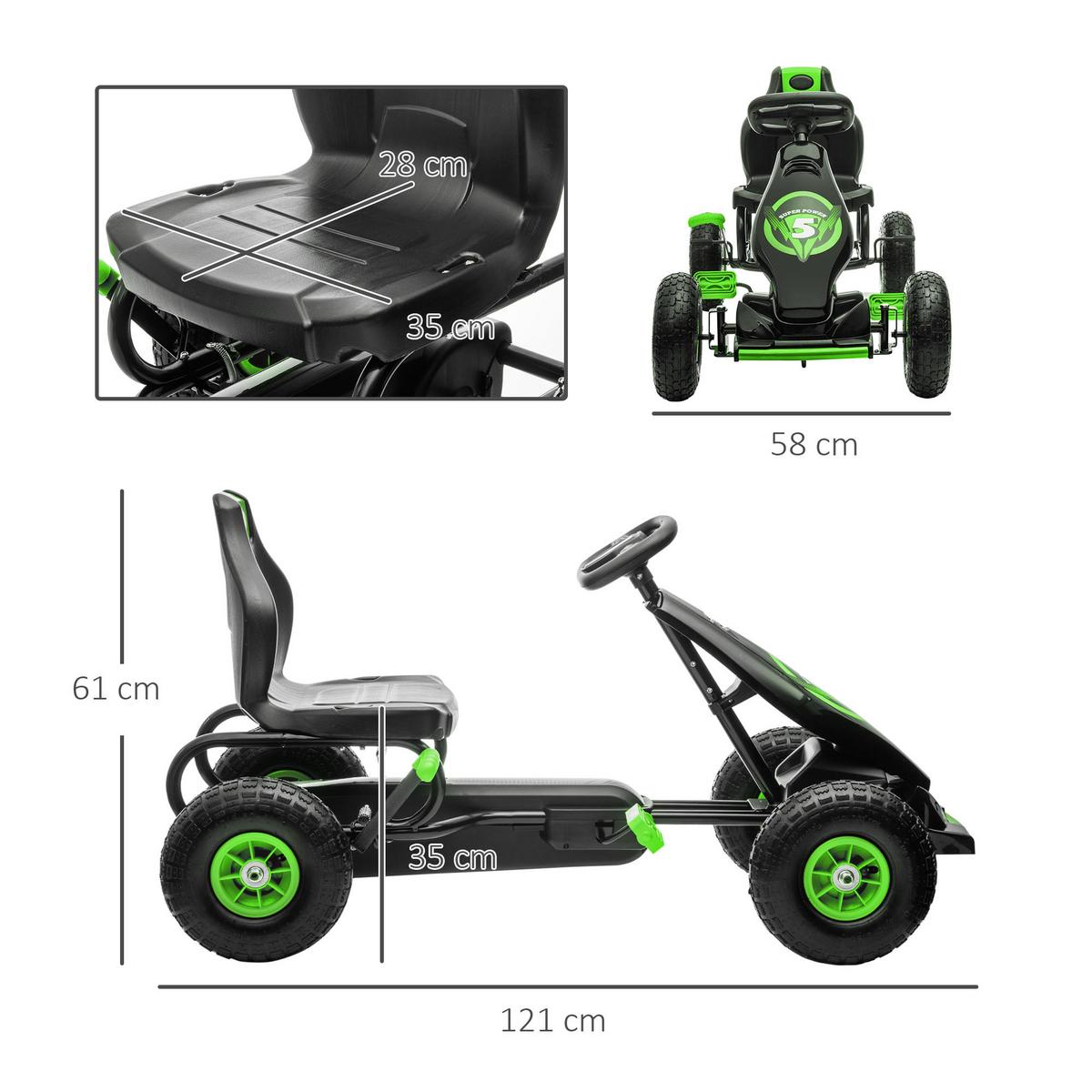 GOKART, Kinderfahrzeug mit verstellbarem Schalensitz, Tretauto, Grün+Schwarz - Grün, Metall (121/58/61cm) - HOMCOM