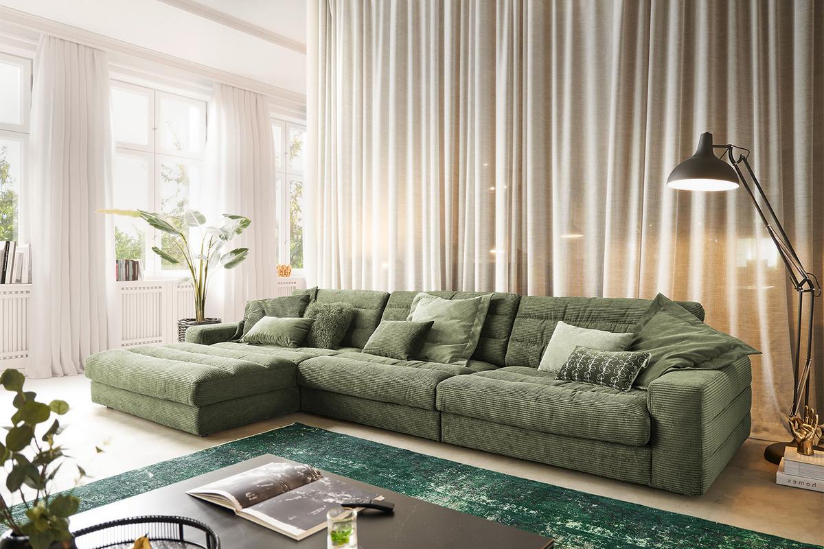 ECKSOFA XL LANA Grün Cord - Schwarz/Olivgrün, Textil (416/205cm) - KAWOLA