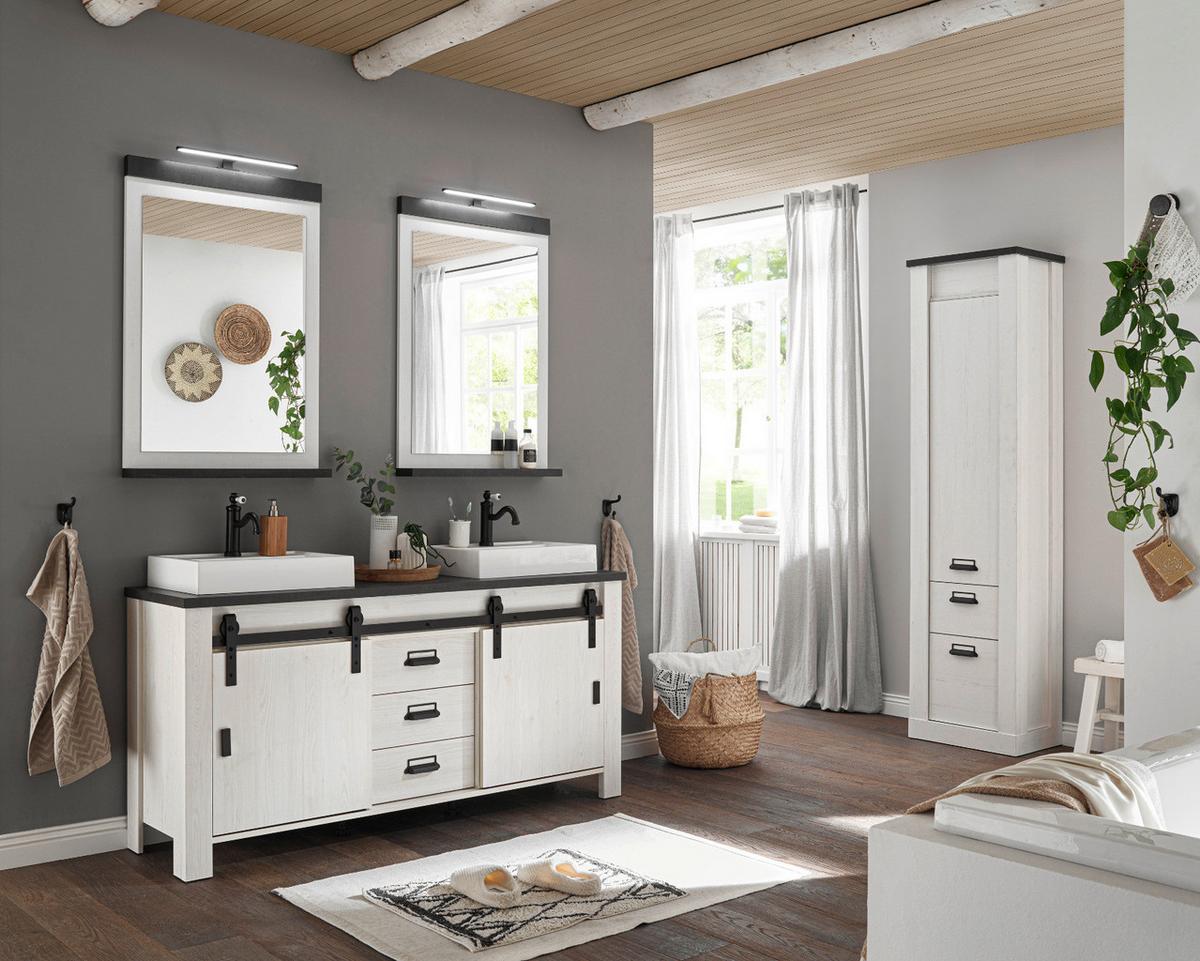 HOCHSCHRANK weiß Pinie, anthrazit Landhaus, Badschrank mit Soft-Close - Anthrazit/Weiß, Holzwerkstoff/Metall (51/201/38cm) - Furn.Design