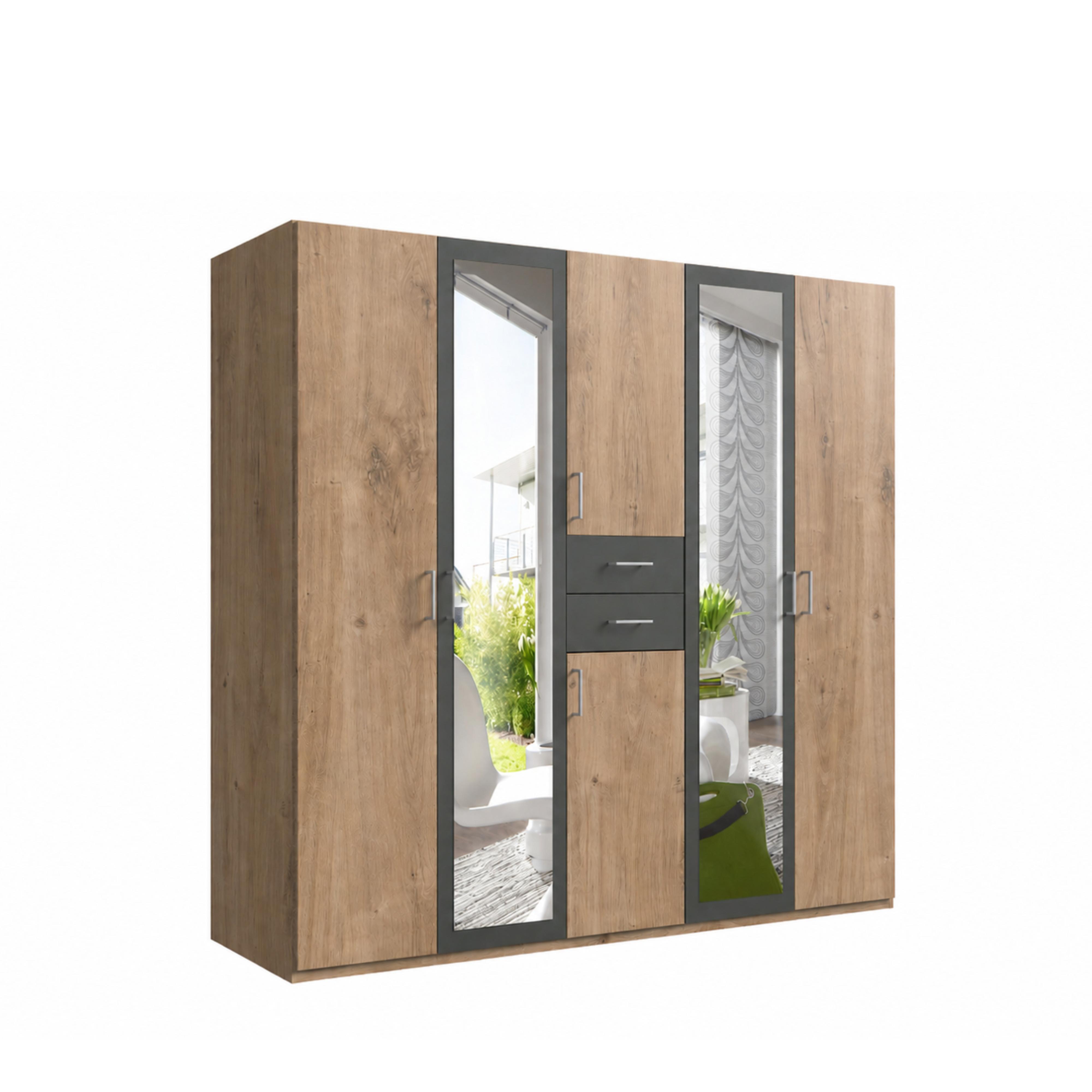 DREHTÜRENSCHRANK B225/H208/T58 cm, Eiche Dekor mit Absetzungen in Grafit, Kleiderschrank mit 2 Spiegeltüren & Schubkästen / 22592 - Eichefarben/Silberfarben, Holzwerkstoff/Kunststoff (225/208/58cm) - luma-home