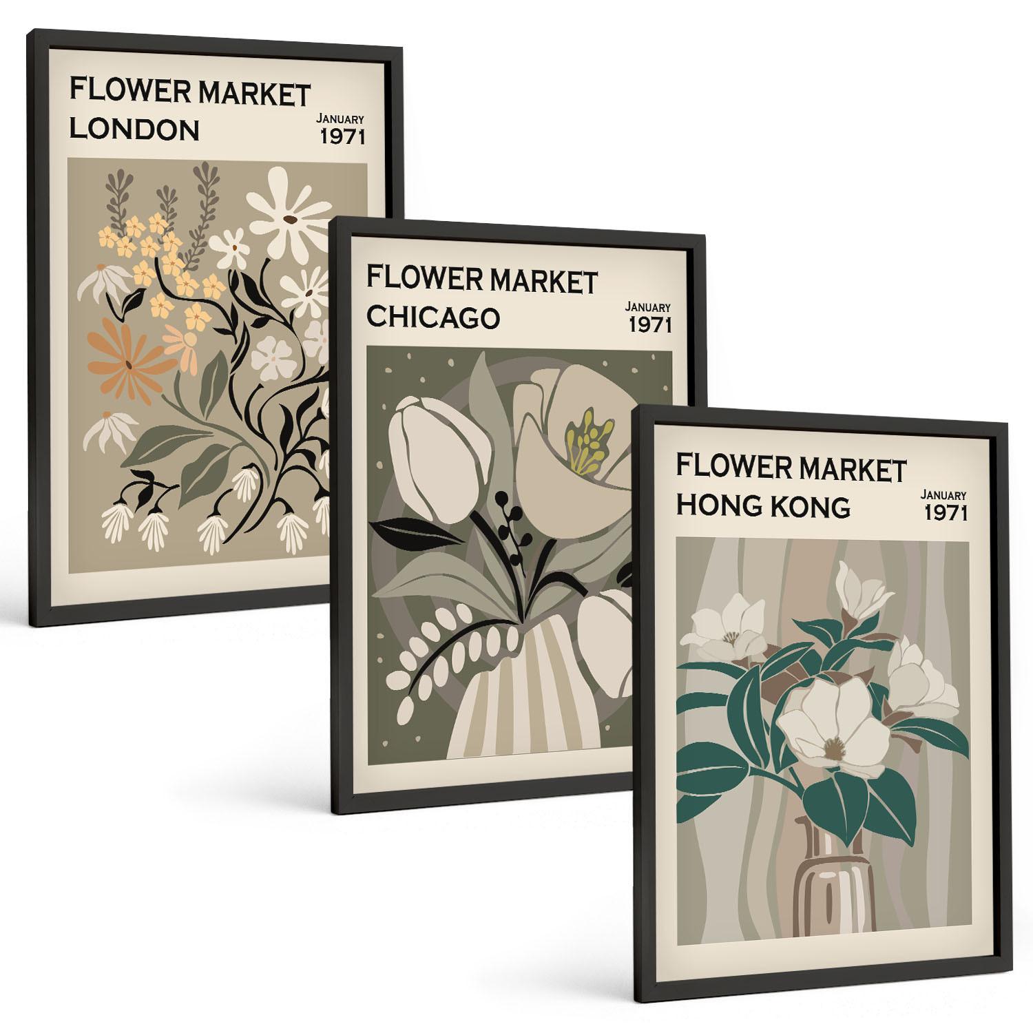 BILDER SET 3er Set - 40x60 cm Schwarzer Rahmen - Blumenmessen London Chicago Hongkong - Schwarz, Kunststoff (40/60cm) - TULUP