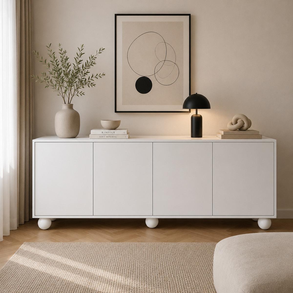 KOMMODE Adel mit 4 Türen und runden Füßen, 204 cm, Griffloss, Weiß - Weiß, Holzwerkstoff (204/81/38cm) - Beautysofa