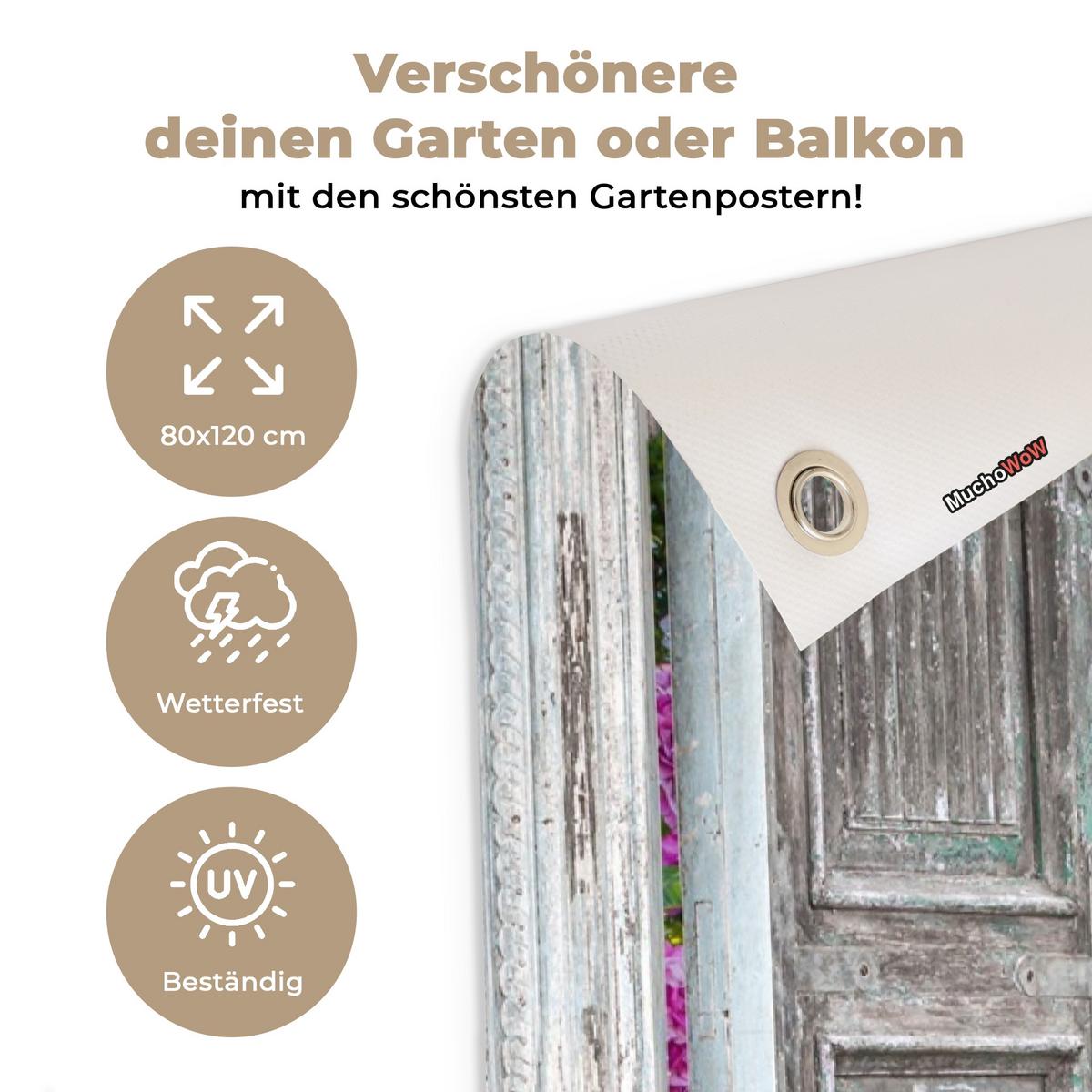 GARTENPOSTER Durchblick - Hortensie - Blumen Outdoor Bilder 80x120 cm - Hellgrau, Kunststoff (80/120/0.2cm) - OnlyWow