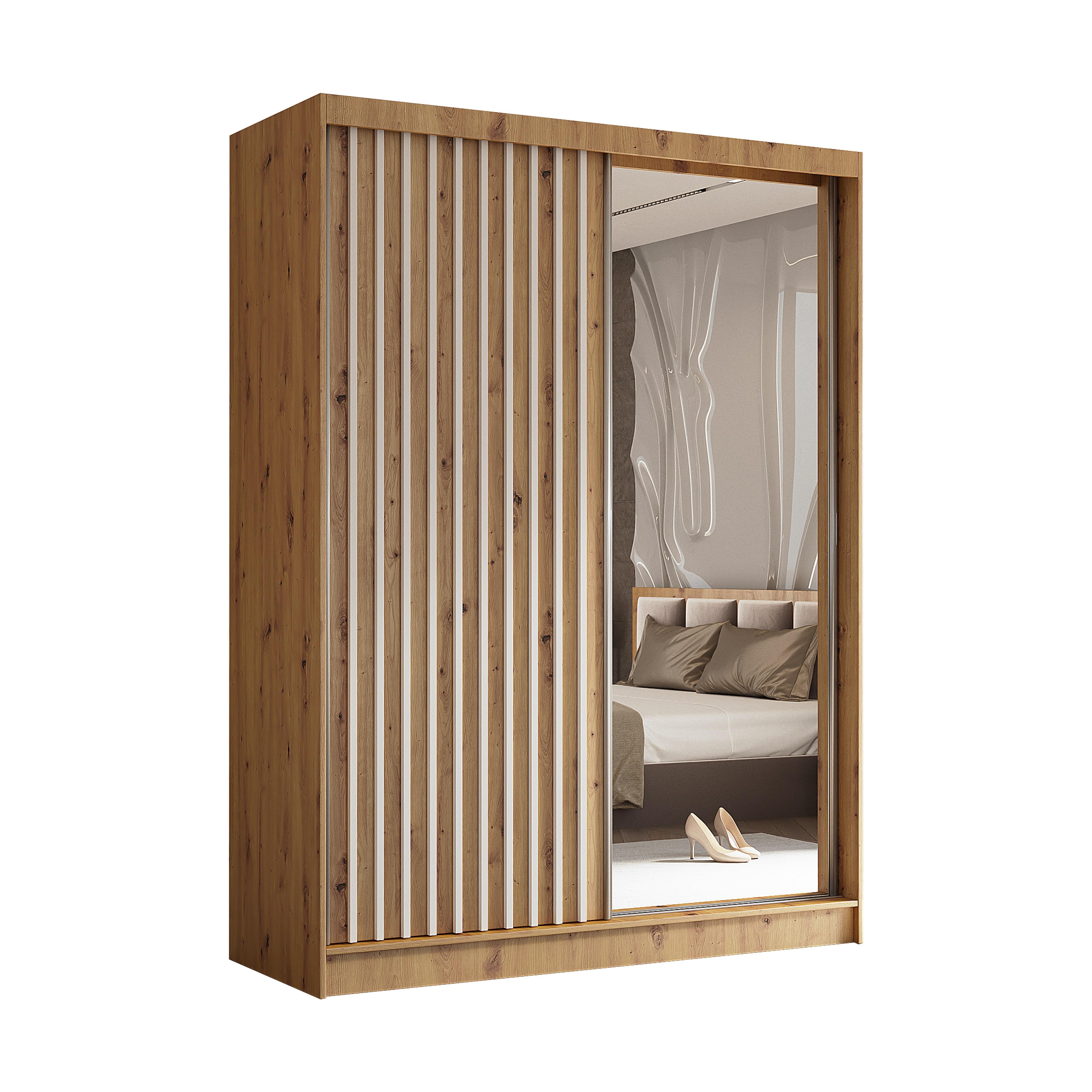SCHWEBETÜRENSCHRANK LAMELLO 160/216/61 cm 2-türig mit Spiegel Eiche Artisan - Eiche Artisan, Holzwerkstoff (160/216/61cm) - MASSENO