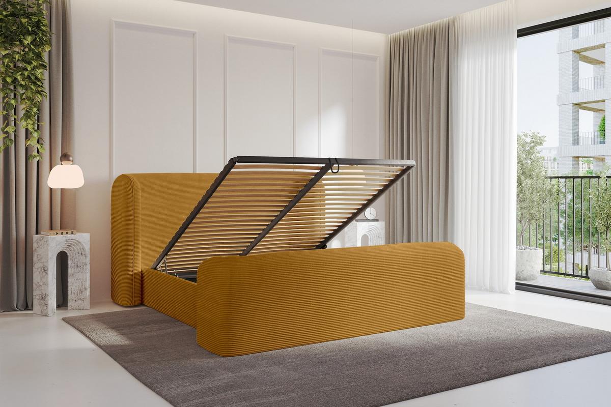 POLSTERBETT mit Bettkasten, Fußteil und Lattenrost, Bett mit Matratze H3/H4 - ESTI-Z 140x200 Senfgelb - Currygelb, Holzwerkstoff/Textil (140/200cm) - ALTDECOR