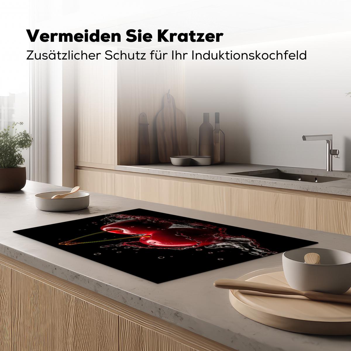 HERDABDECKPLATTE Kirsche - Rot - Frucht - Wasser - Schwarz Induktionsmatte 81x52 cm - Kirschrot, Kunststoff (81/52/0.2cm) - MuchoWow