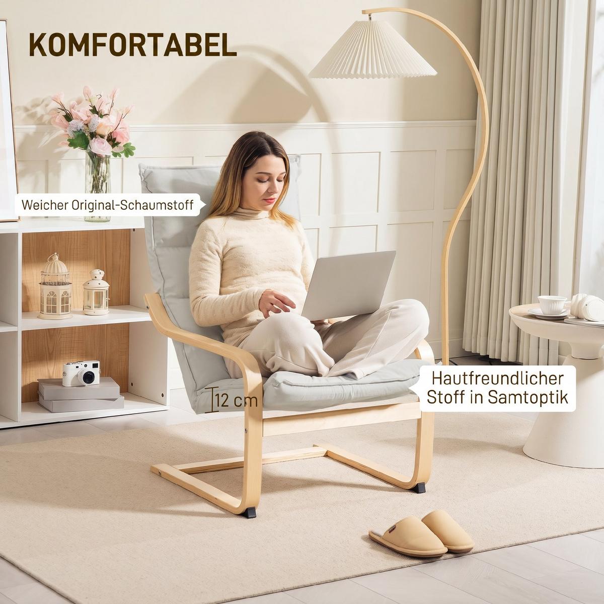 RELAXSESSEL Polyester Cremeweiß - Creme, Holz/Birkenholz (67/105/83cm) - HOMCOM