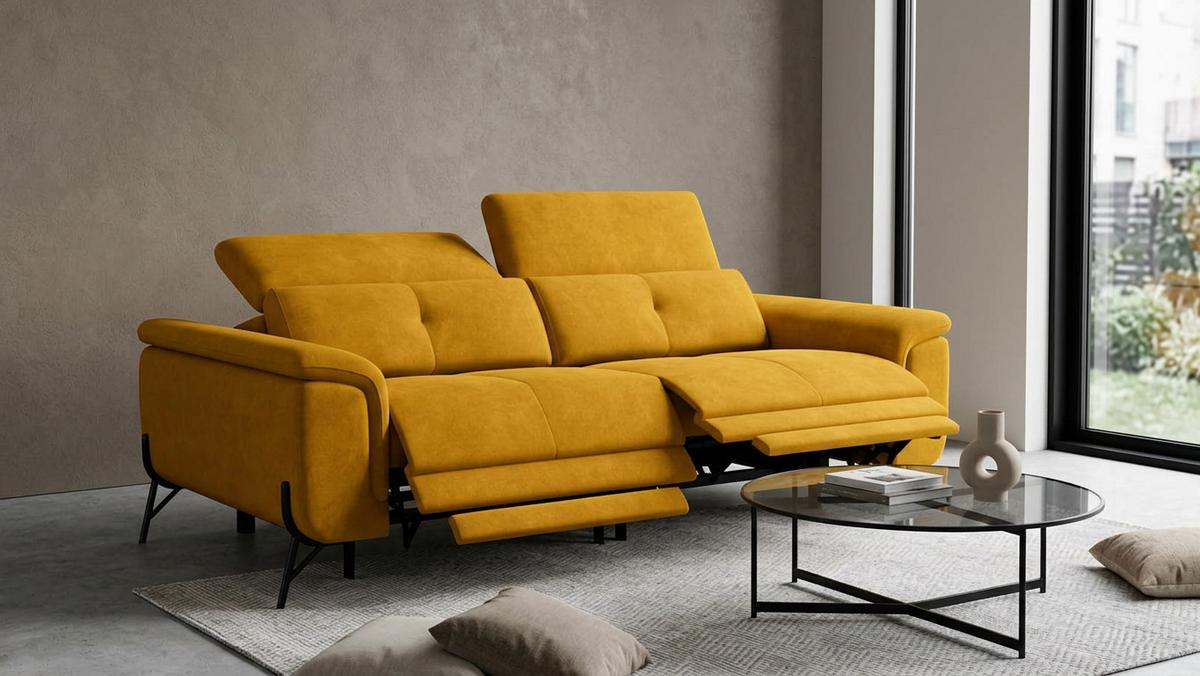 SOFA RELAX AVENA 3-Sitzer, gelber Veloursstoff - Gelb/Schwarz, Holz/Textil (204/80/108cm) - Courtois Laville
