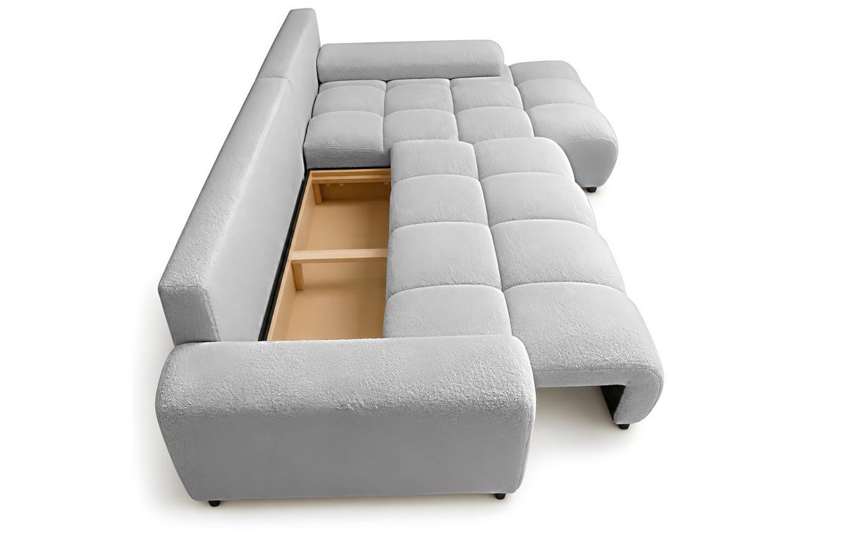 ECKSOFA Ovia mit Bettkasten und Schlaffunktion, Bouclé-Stoff in L-Form - Hellgrau, Textil (270/185cm)