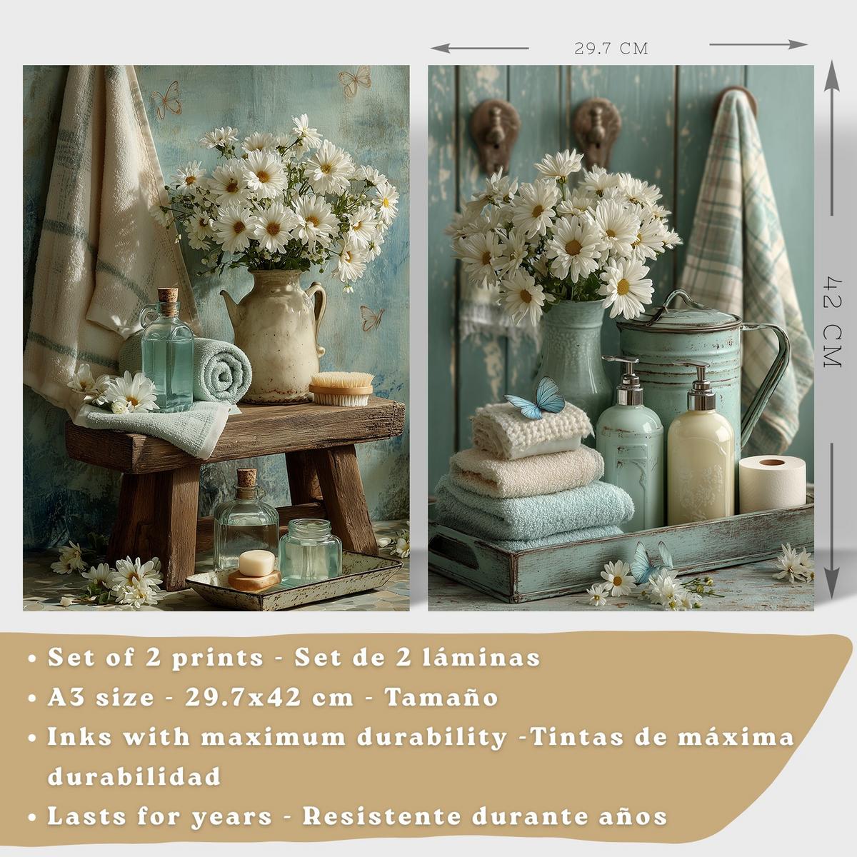 POSTER Set mit 2 dekorativen Badezimmer-Drucken, Shabby Chic Blumenposter für Wand, Waschbecken, romantische Dekoration mit Blumen Schwarzer Rahmen A3 - Schwarz, Papier (42/29.7/3cm) - Nacnic