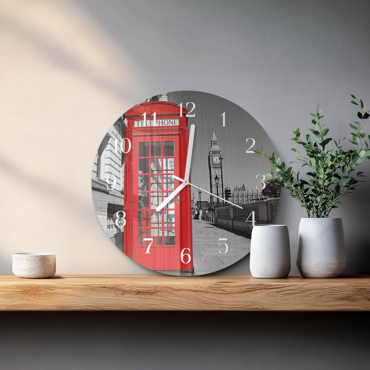 WANDUHR aus Glas Ø30 cm - Rote Telefonzelle - Rot, Glas (30/30/0.4cm) - TULUP