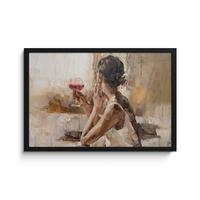 POSTER MIT RAHMENGERAHMTES BILD Ölgemälde - Frau - Wein 60x40 cm - Hellbraun, Papier (60/40cm) - MuchoWow