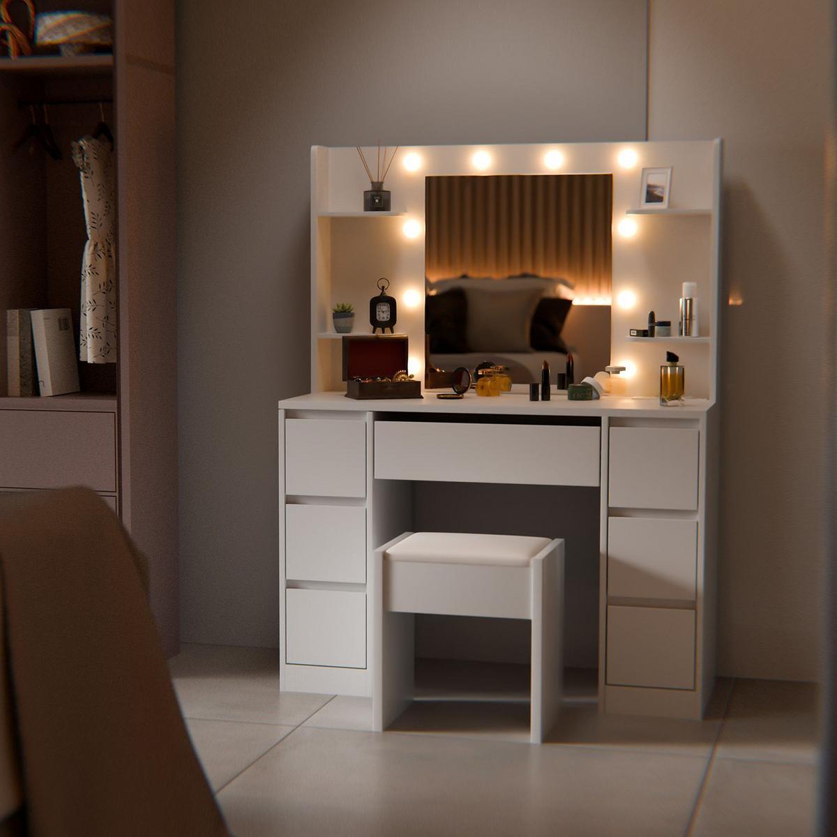 SCHMINKTISCH Malia mit LED und Hocker Melly - Weiß, Holz (107/140/40cm) - Juskys