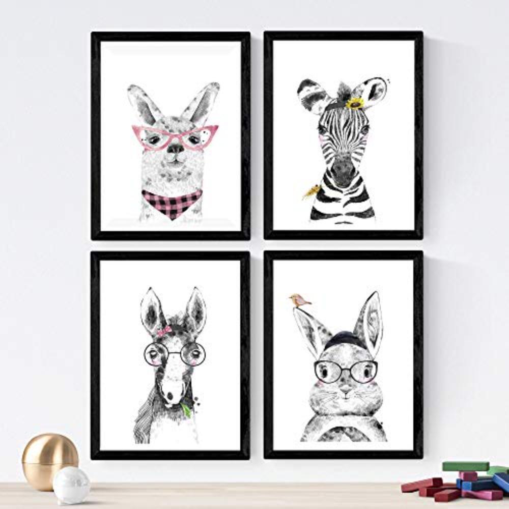 POSTER Set mit 4 Kinder Tiere mit Gläsern A3 Schwarzer Rahmen - Schwarz, Papier (29.7/3cm) - Nacnic