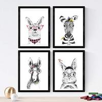 POSTER Set mit 4 Kinder Tiere mit Gläsern A3 Schwarzer Rahmen - Schwarz, Papier (29.7/3cm) - Nacnic