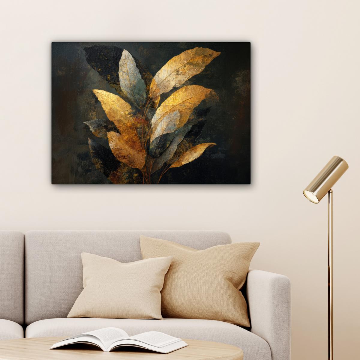 LEINWANDBILD Golden Leaf Komposition - Botanical Luxury Wandbilder 80x60 cm - Goldfarben/Schwarz, Textil (80/60cm) - MuchoWow