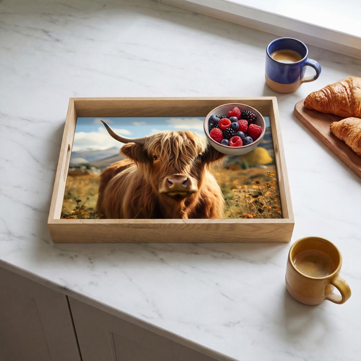 TABLETT Schottische Highlander - Blumen - Hörner - Wolken 40x30 cm - Braun, Holz (40/5/5cm) - OnlyWow