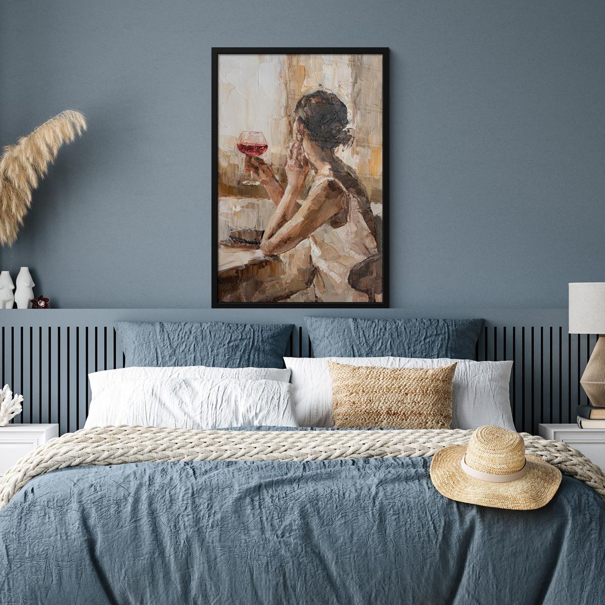 POSTER MIT RAHMENGERAHMTES BILD Ölgemälde - Frau - Wein 60x90 cm - Hellbraun, Papier (60/90cm) - MuchoWow