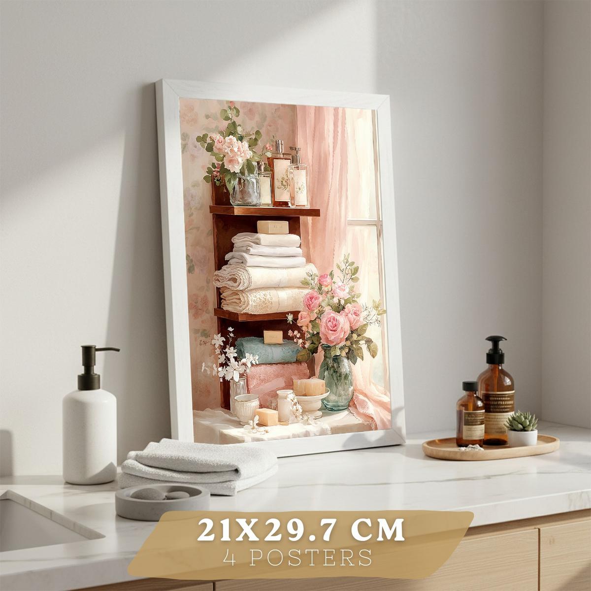 POSTER 4er-Set dekorative Badezimmerdrucke, romantischer Stil, Bilder mit Blumen, Parfums und Schminktisch, elegante, Wohndekoration Weißer Rahmen A4 - Weiß, Papier (29.7/21/3cm) - Nacnic