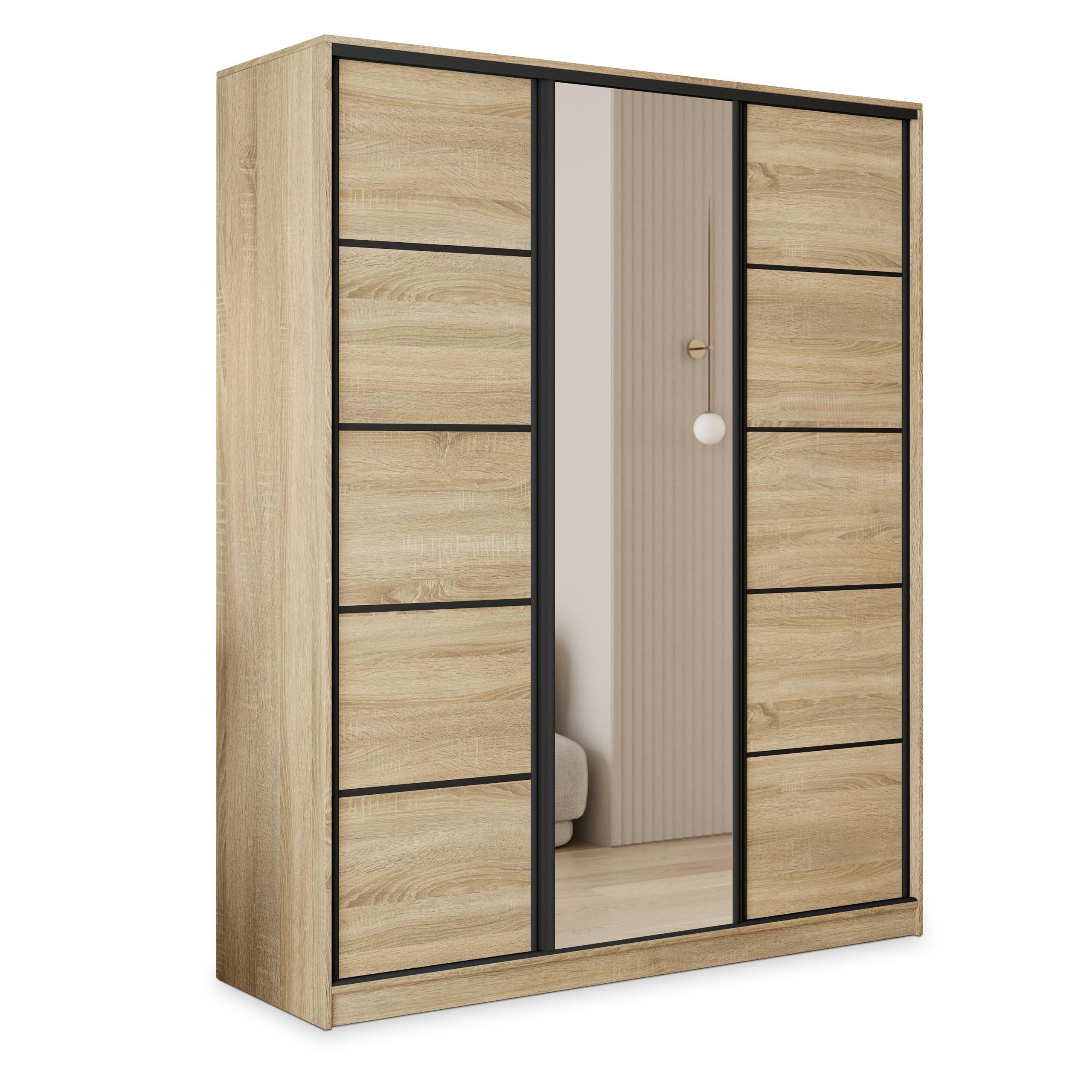 SCHWEBETÜRENSCHRANK PINA 160/205/58 cm 3-türig mit Spiegel und 4 Schubladen Sonoma Eiche - Sonoma Eiche, Holzwerkstoff (160/205/58cm) - MASSENO
