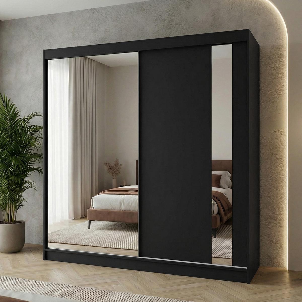 SCHWEBETÜRENSCHRANK Gaja 200/216/61 schwarz mit Spiegel - Schwarz, Holzwerkstoff (200/216/61cm) - Beautysofa