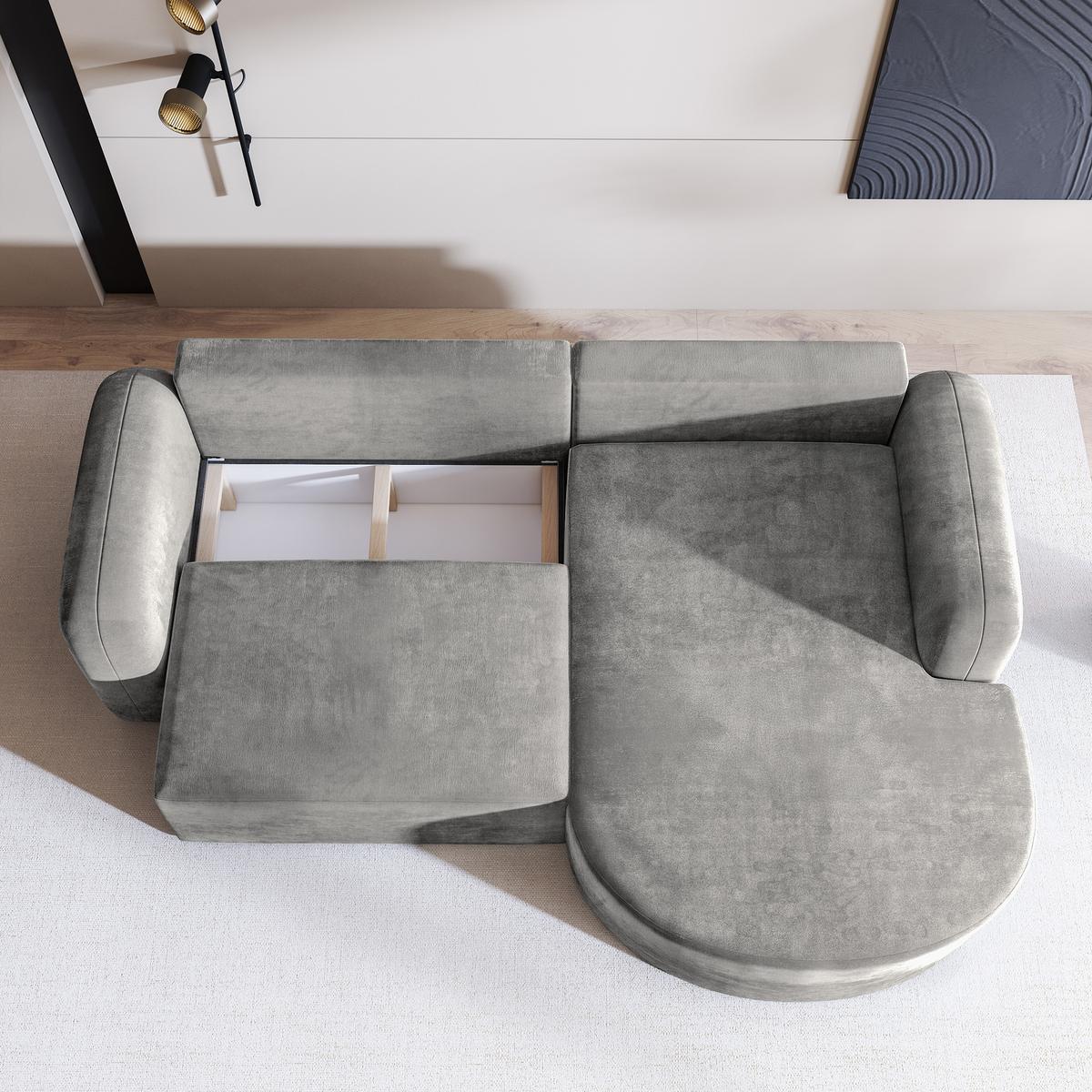 ECKSOFA AMILIA M R-S Hellgrau Velours-Stoff mit Schlaffunktion - Hellgrau, Holz (263/174cm) - MASSENO