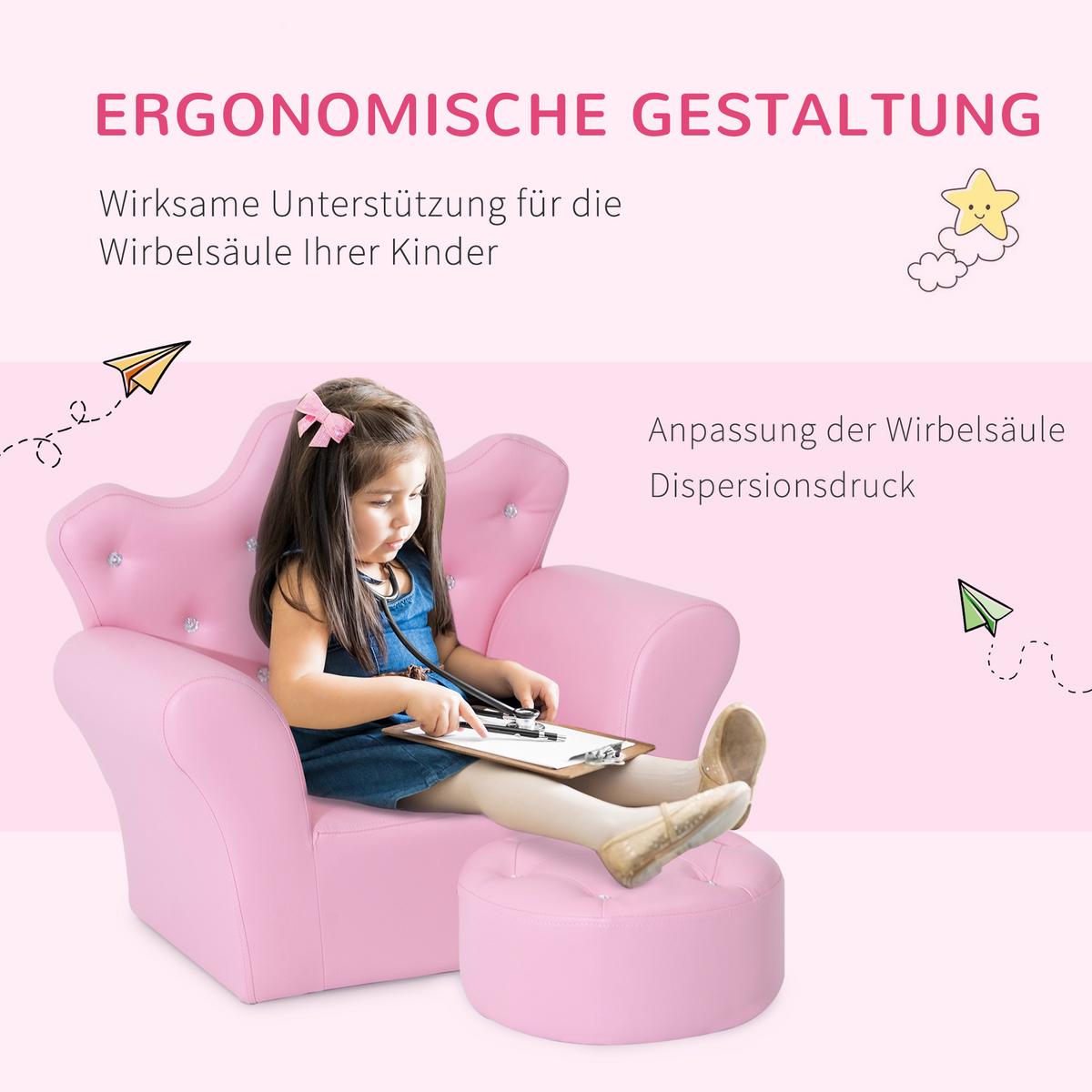 KINDERSOFA mit Ottomane Kindersessel Softsofa mit Kristallknöpfen Hocker Rosa - Rosa, Holz (405/49/58cm) - HOMCOM