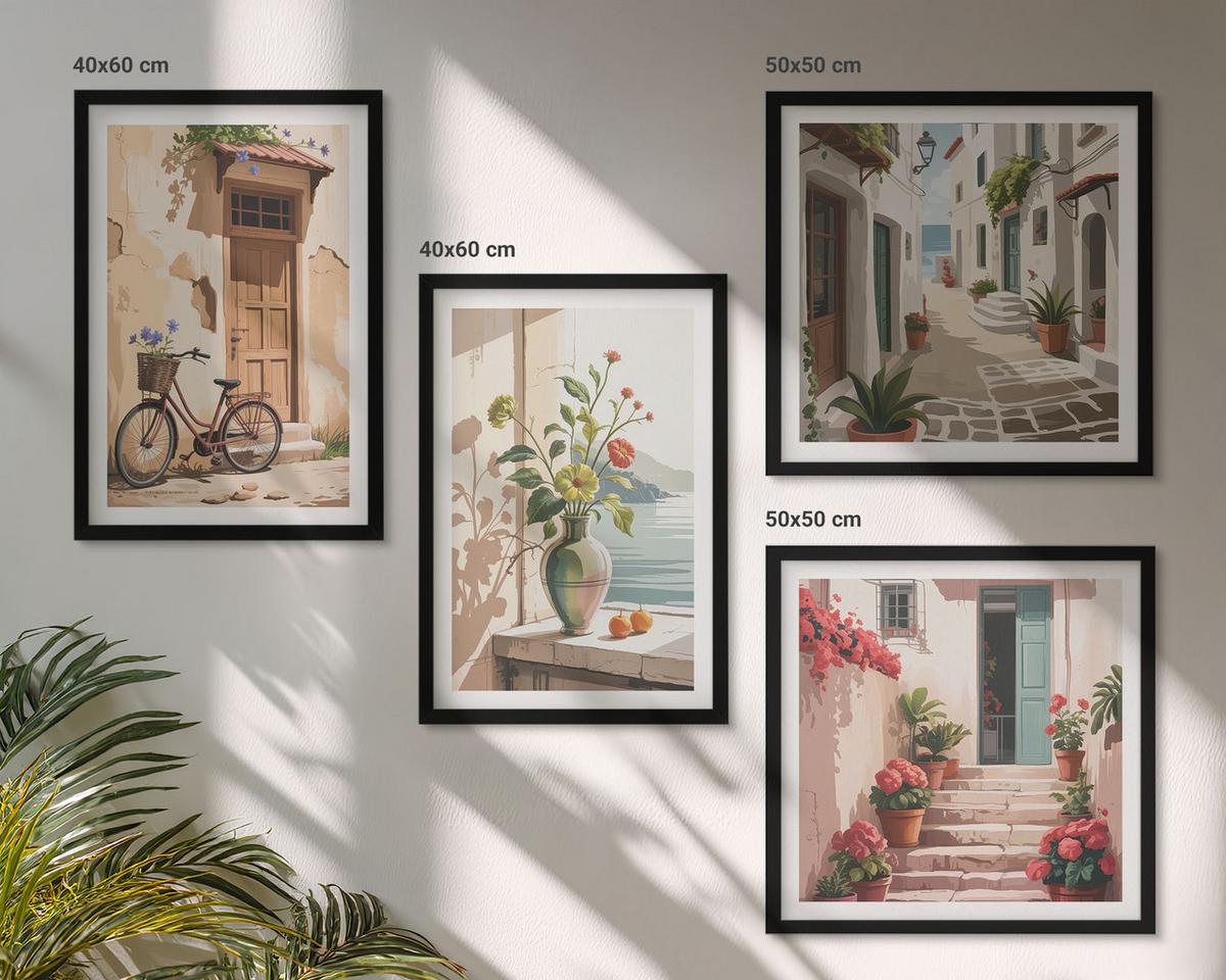 BILDER SET 4er Set - 50x50 cm & 40x60 cm Schwarzer Rahmen - Straßenblumen, Fahrrad bemalt - Schwarz, Kunststoff (50/50cm) - TULUP