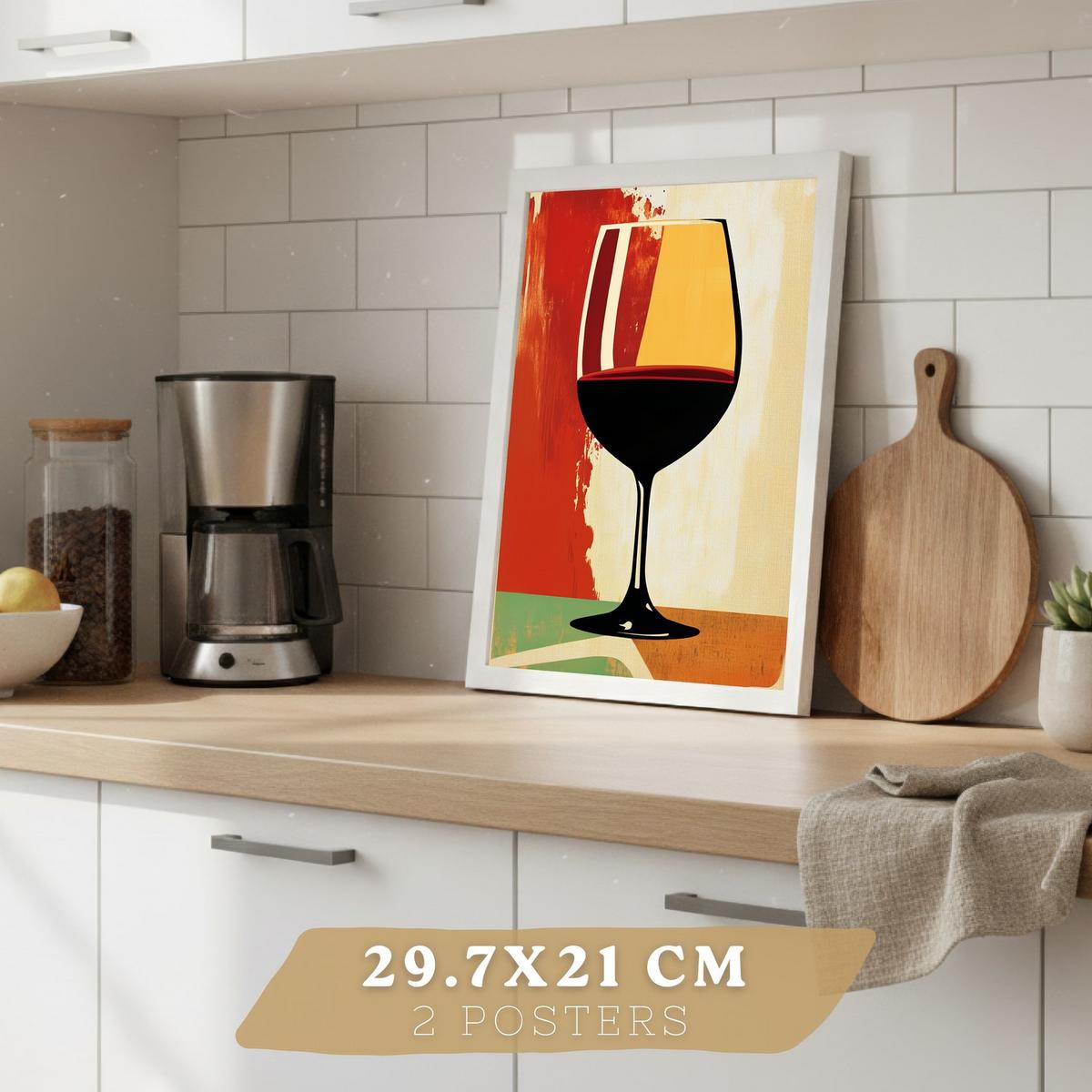 POSTER 2er Set Küchen-Wandbilder Rotwein und Pasta Vintage Retro Esszimmer Wanddeko Rahmenlos A4 - Weiß, Papier (29.7/1/21cm) - Nacnic