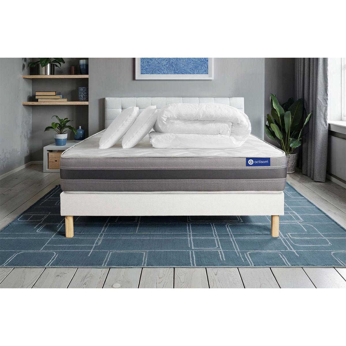 BETT Actimemo relax Memory-Schaum 160 x 200 cm h2 - Kit Bettgestell Weiß - Mit Kissen und Bettdecke - Beige/Weiß, Karton/Holz (160/200cm) - ACTISOM
