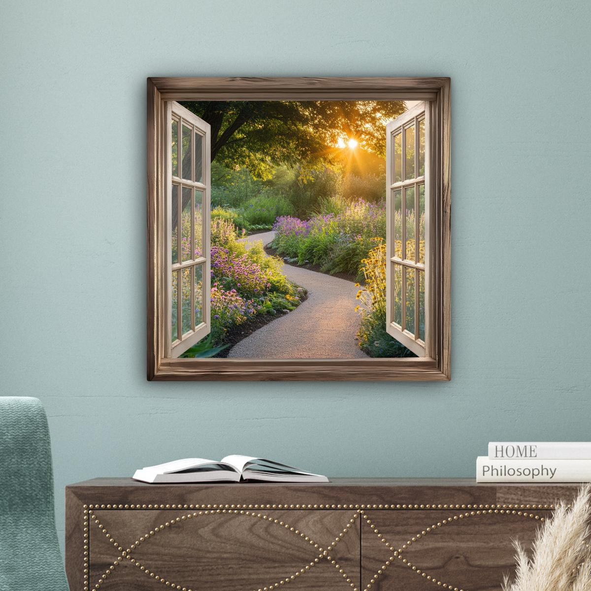 LEINWANDBILD Aussicht - Blumen - Natur - Sonne - Weg Wandbild Wohnzimmer 50x50 cm - Hellgelb, Textil (50/50cm) - MuchoWow