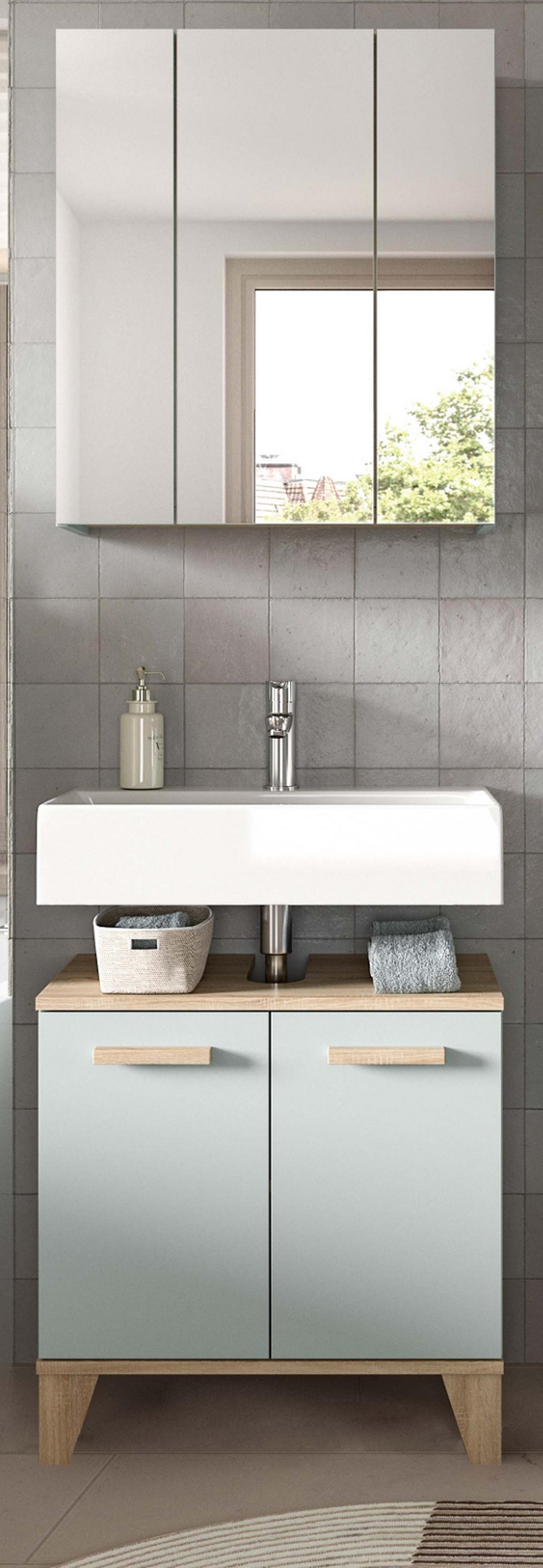 BADMÖBEL-SETGRÜN, Eiche 2-teilig 60 x 190 cm, Badkombination skandinavisches Design - Eichefarben/Grün, Glas/Holzwerkstoff (60/190/34cm) - Inn.Furn