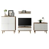 WOHNWAND weiß Eiche Riviera, Schrankwand skandinavisch 4-teilig 341 x 160 cm - Eichefarben/Weiß, Holzwerkstoff/Metall (341/160/40cm) - Furn.Design
